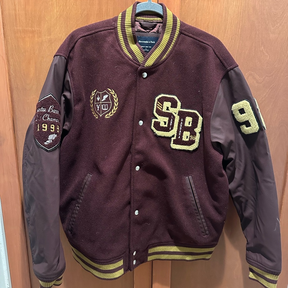 Abercrombie & Fitch Maroon and Brown Varsity Jacket